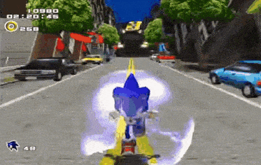 sonic the hedgehog is riding a skateboard down a city street