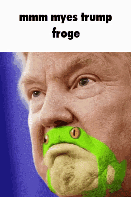 a picture of donald trump with a frog on his face and the caption mmmm myes trump froge