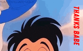 a close up of a cartoon character 's face with the words `` thanks babe '' written below it .