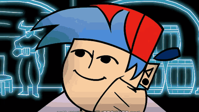 a cartoon drawing of a boy with a red hat and blue hair