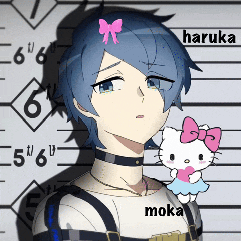 a girl with blue hair has a pink bow in her hair and a hello kitty