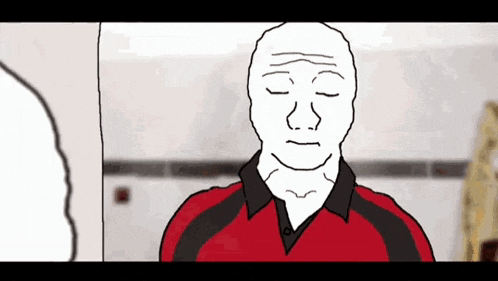 a cartoon of a man with his eyes closed wearing a red and black shirt .