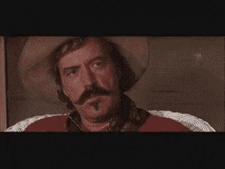 a man with a mustache and a cowboy hat is sitting in a chair and saying bye .