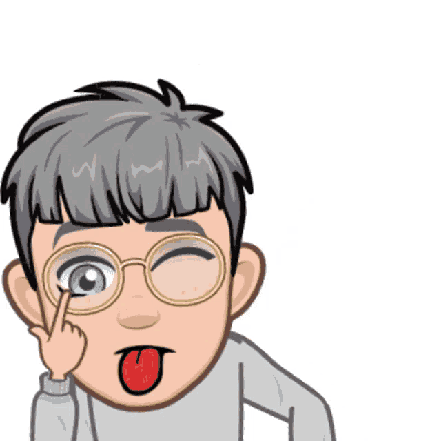 a cartoon man wearing glasses and a gray sweater points up