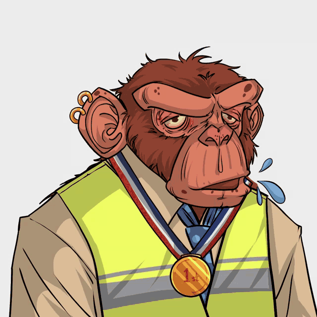a chimpanzee wearing a yellow vest and a gold medal with the number 1 on it