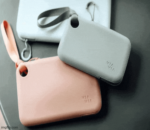 a pink and gray purse with the word via on it