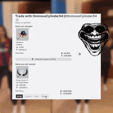 a picture of a troll face with the words trade with ominouscylinder54 @ ominouscylinder54