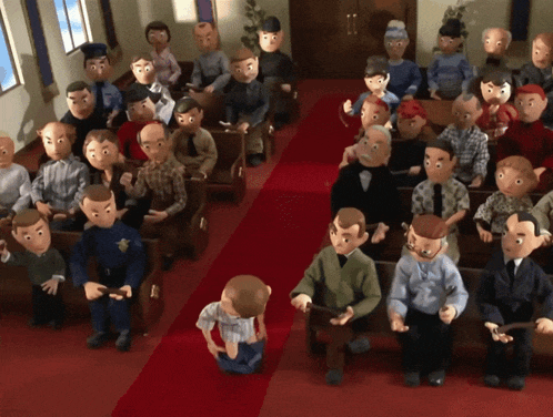a group of cartoon characters are sitting in a church including a police officer