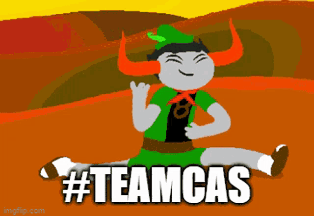 a cartoon character with horns and the words #teamcas written below him