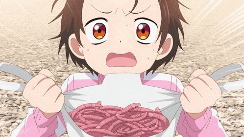 a girl in a pink and white striped shirt is holding a spoon and fork with spaghetti in it