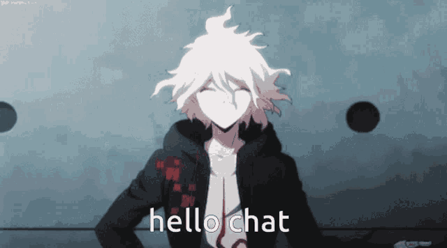 a cartoon character says hello chat in front of a dark background