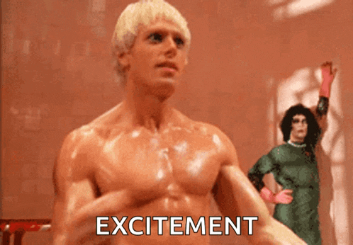 a shirtless man is flexing his muscles and the word excitement is visible behind him