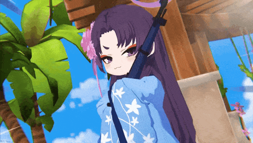a girl with purple hair and a flower in her hair