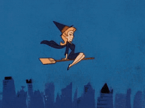a cartoon witch is flying on a broom in the air .