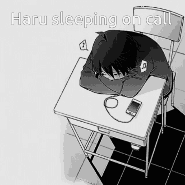 a black and white drawing of a boy sleeping on a desk with the words haru sleeping on call above him