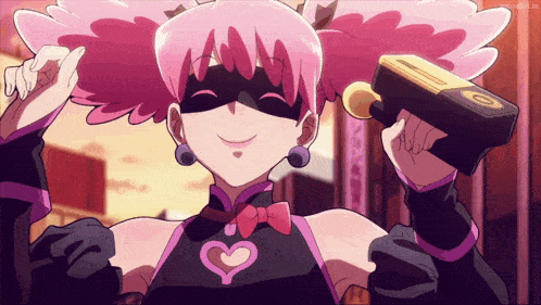 a girl with pink hair is holding a gun and smiling