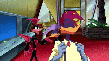 a cartoon of a duck adjusting his tie in a room