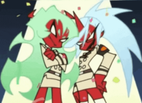 a couple of cartoon characters standing next to each other with their arms crossed
