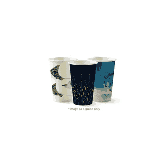 three paper cups with different designs on them with the words image as a guide only