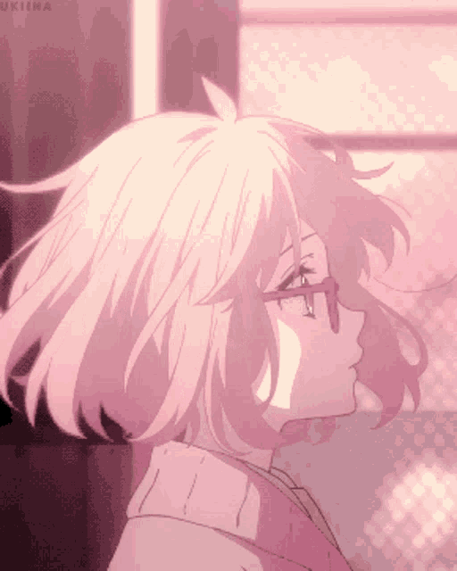 a girl with pink hair is wearing glasses and a pink shirt