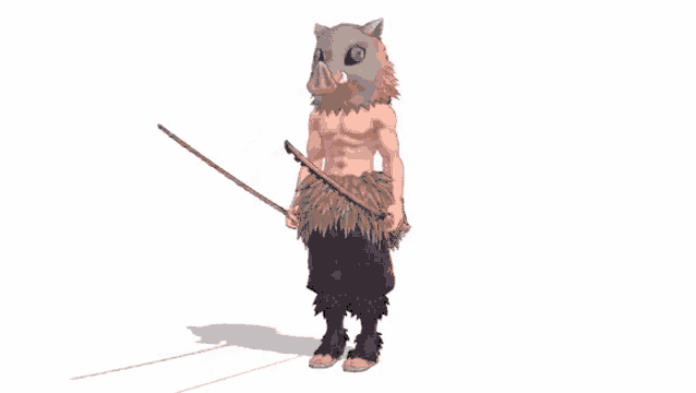 a man in a pig mask is holding two swords in his hands .