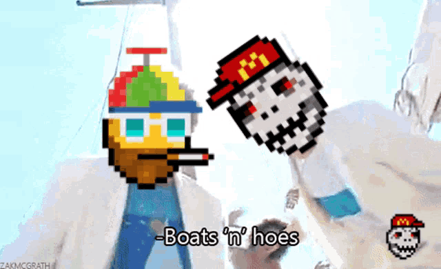 a pixel art of a man smoking a cigarette next to a skeleton with the words boats n ' hoes