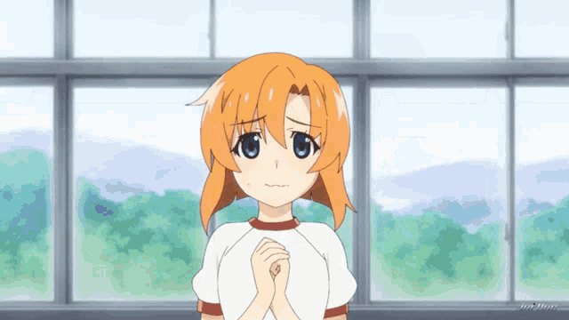a girl with orange hair and blue eyes is wearing a white shirt with a red waistband