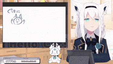 a girl with white hair and blue eyes is sitting in front of a screen that says hello on it