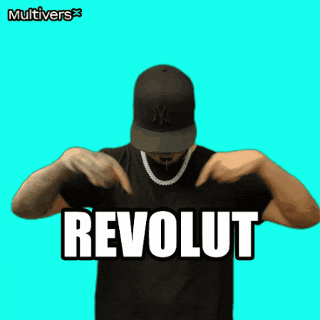 a man wearing a ny hat and a necklace with the word revolut on his chest
