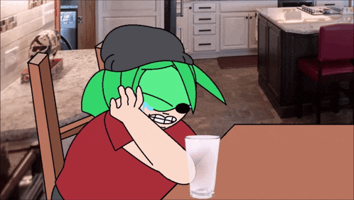 a cartoon of a person sitting at a table with a glass of water in front of them