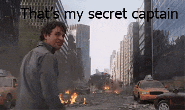 a man standing in front of a city with the words that 's my secret captain on the bottom