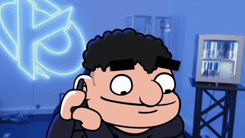 a cartoon of a man talking on a cell phone with a neon sign in the background