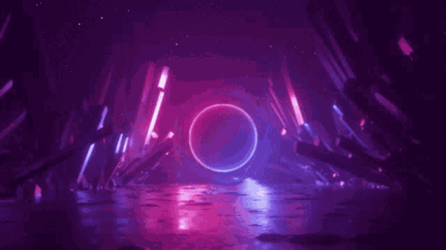 a glowing circle in the middle of a dark room with purple and pink lights .