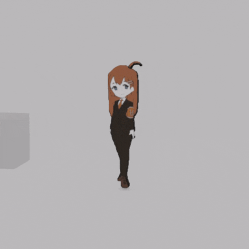 a girl in a suit and tie is standing in front of a white box