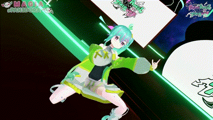a girl in a green and white dress is dancing in a video game called magia