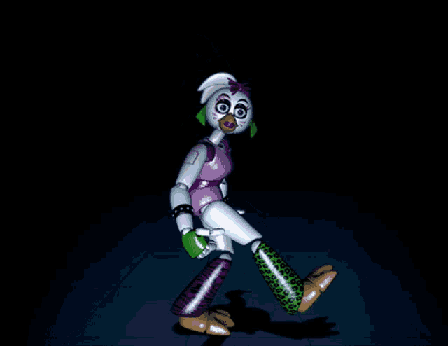 a robot with a purple top and green socks is standing in a dark room
