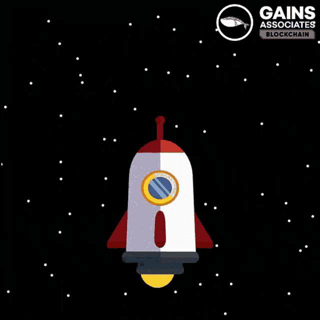 a rocket is flying through the air with the words gains associate blockchain on the bottom