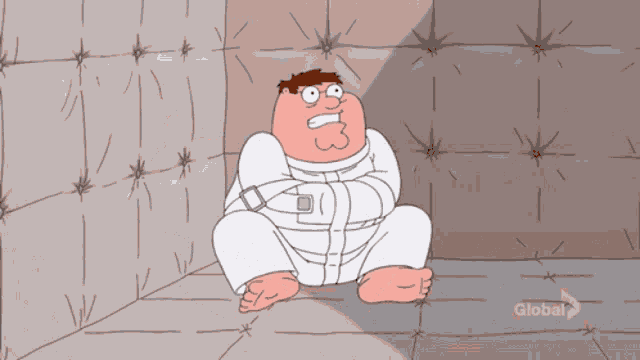 a cartoon of peter griffin in a straight jacket sitting in a corner of a room