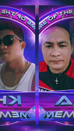 two men are standing next to each other in front of a purple background that says game of the mem