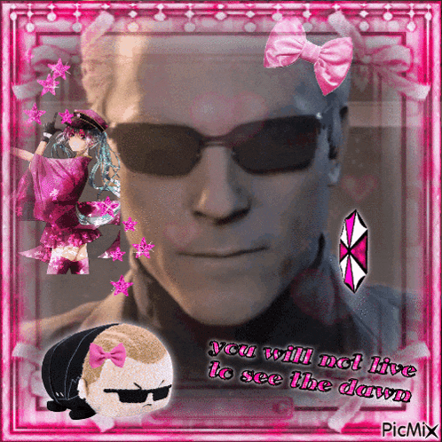 a picture of a man with sunglasses and a girl with a pink bow says you will not live to see the dawn picmix