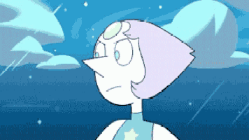 a cartoon character with a white pearl on her head is standing in front of a blue sky with clouds .
