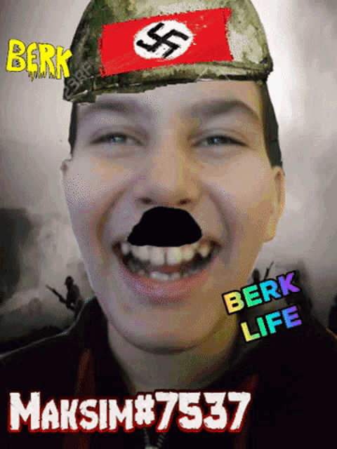 a man wearing a helmet with a swastika on it and the name maksim # 7537 on the bottom