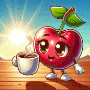 a cartoon cherry is holding a cup of coffee on a wooden table