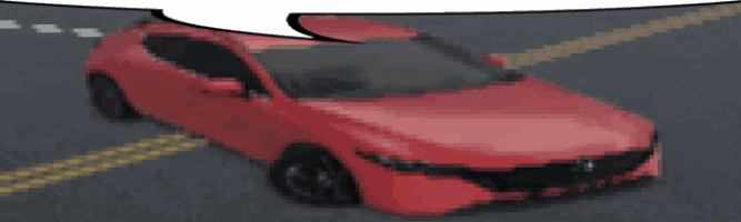 a red car is driving down a road with a speech bubble behind it