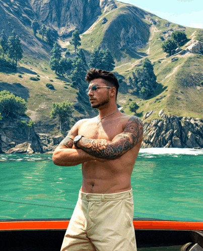 a shirtless man stands on a boat with his arms crossed and mountains in the background