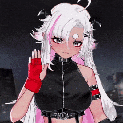 a girl with white hair and pink highlights is wearing red gloves