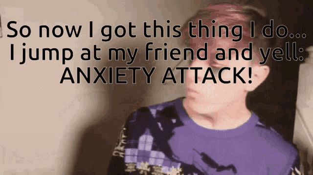 a man in a purple shirt is talking about his anxiety attack