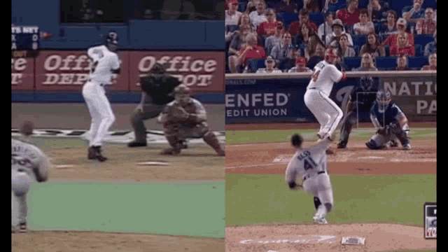 a baseball game is being played in front of a sign that says " office depot "