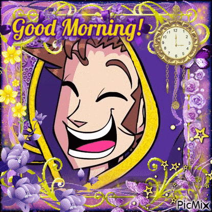 a cartoon of a man smiling with the words good morning