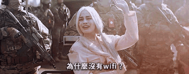 a woman in a wheelchair stands in front of a group of soldiers with chinese writing on the bottom